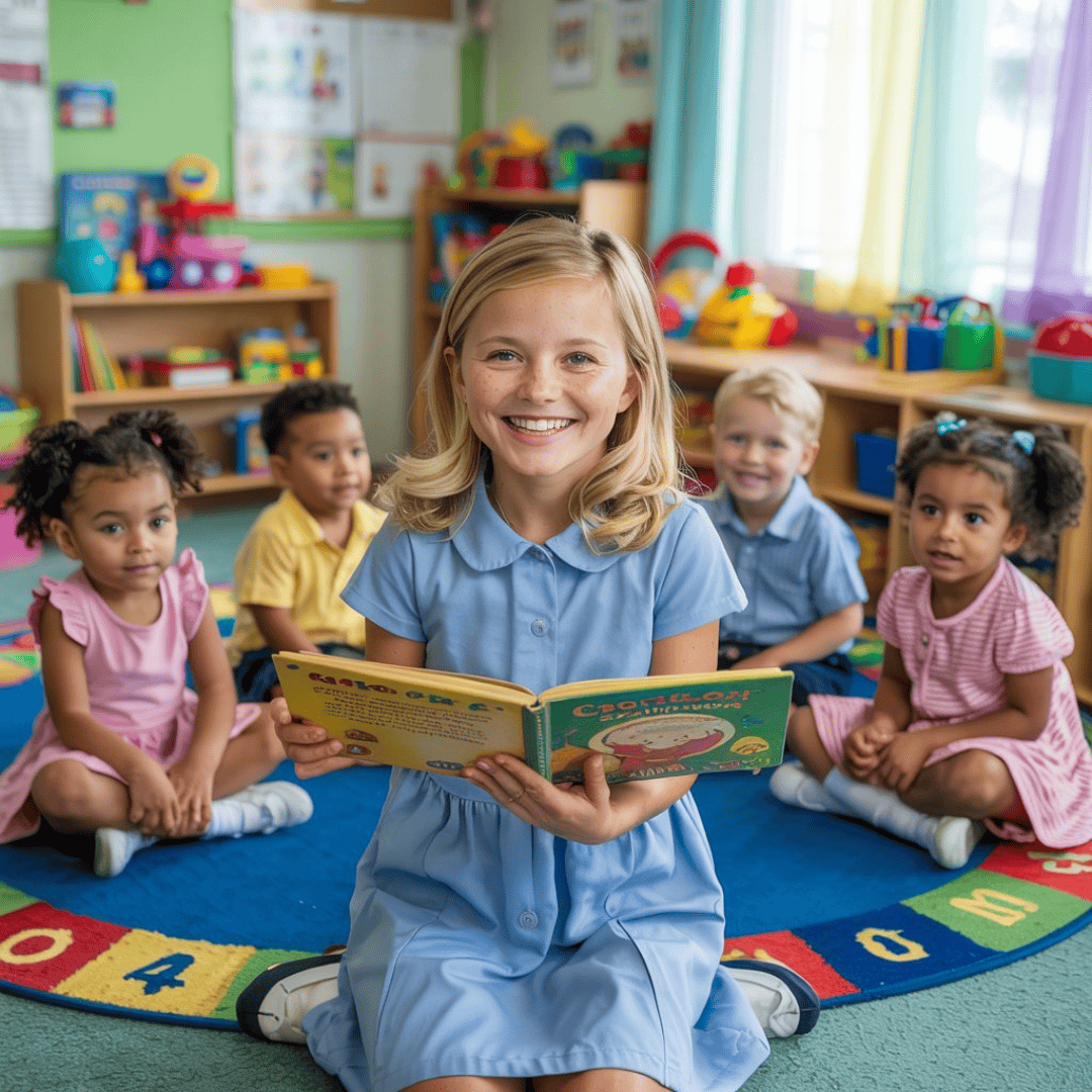 a girl reading a book in a classroom