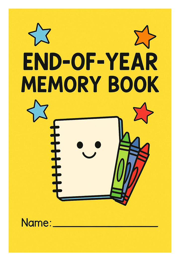 a yellow book with crayons and a notebook