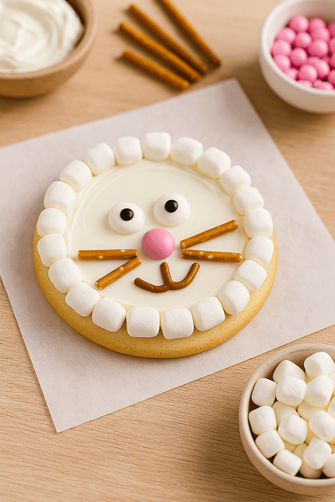a cookie with marshmallows and a cat face
